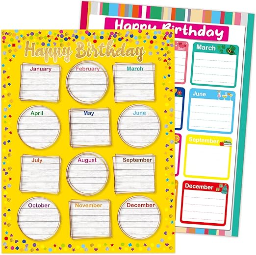 Happy Birthday Chart Posters for Classroom Bulletin Board Decorations - Online Swap Meet
