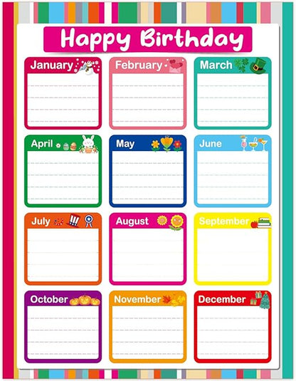 Happy Birthday Chart Posters for Classroom Bulletin Board Decorations - Online Swap Meet